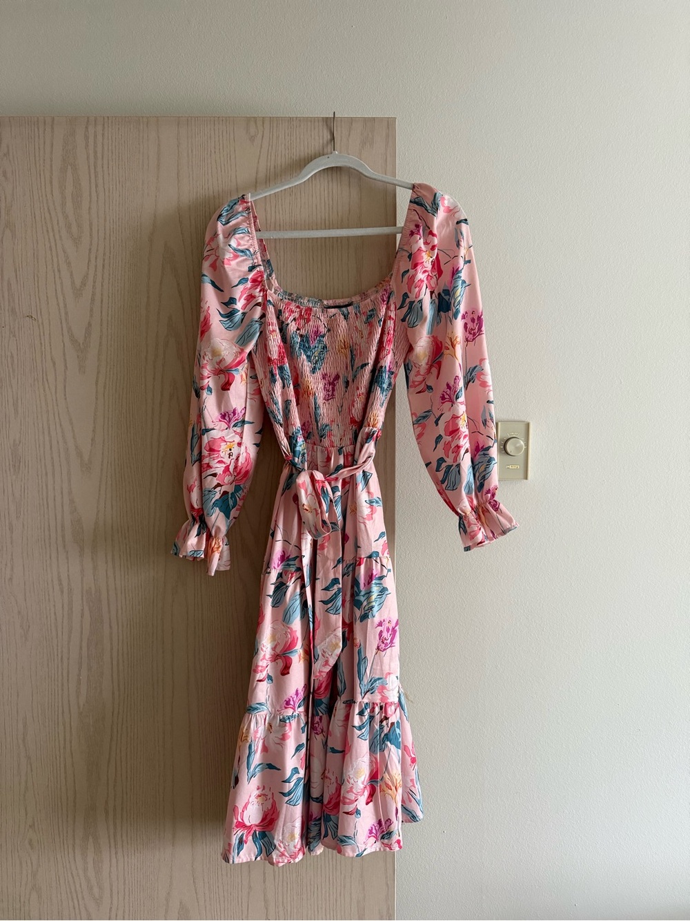 Simple Pink Floral Smocked Midi Dress